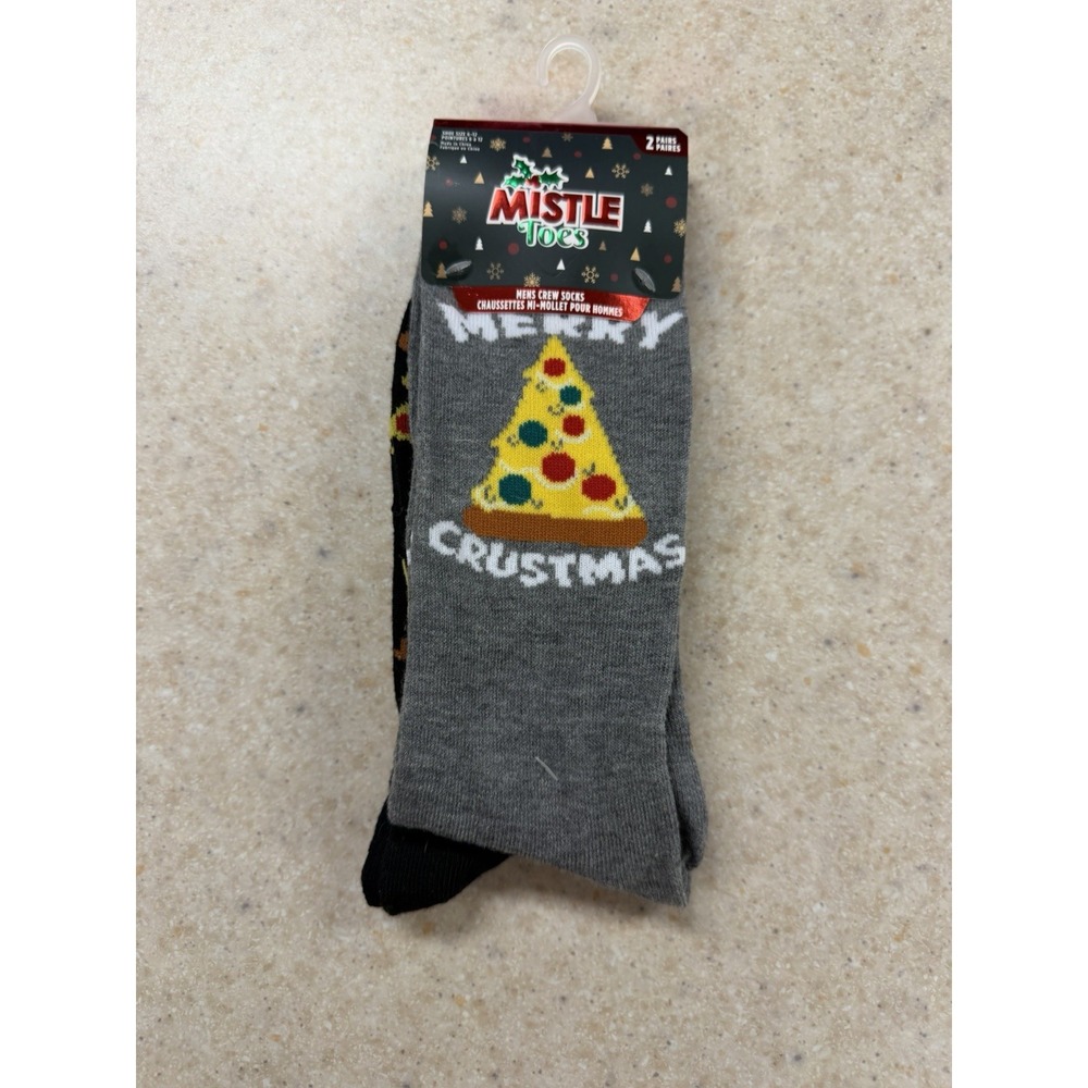 Mistle Toes Mens Christmas Crew Socks 2 Pair Pizza Merry Crustmas Novelty New